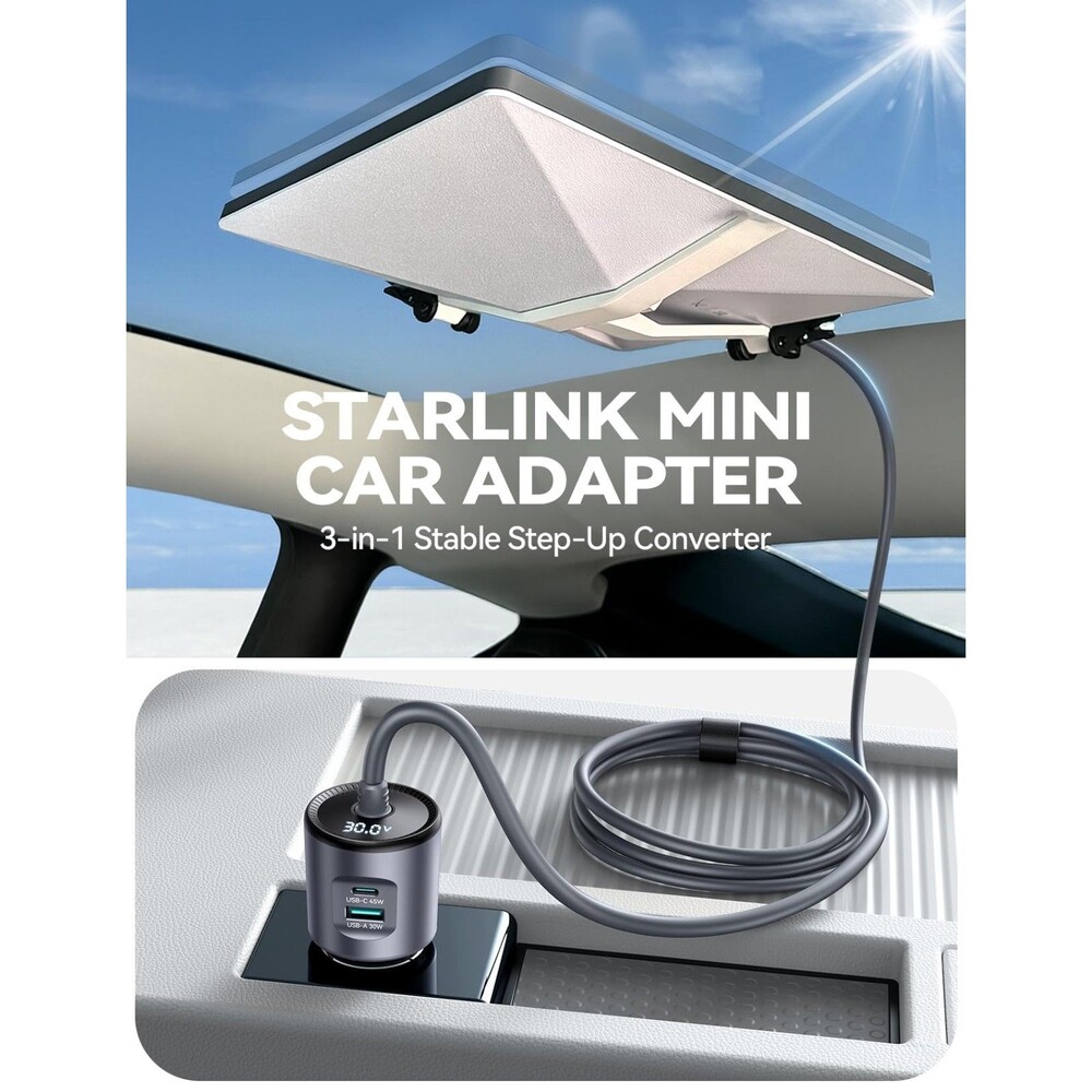 JOYROOM Starlink Mini Car Adapter 30V Step-Up DC Power Supply PD 45W USB LED RV